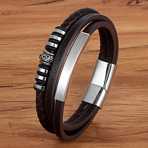Stainless Steel Jewelry Stainless Steel Round Bead Leather Bracelet Hip Hop Punk Leather Bracelet