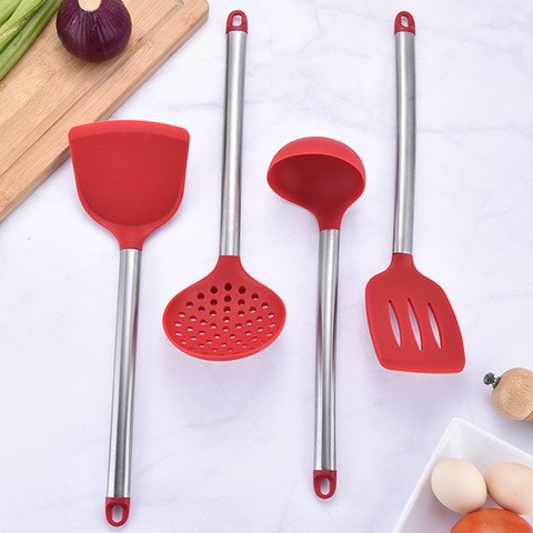 stock storage bucket stainless steel handle cooking spoon spatula tool red black 9 pcs silicone kitchenware utensils set