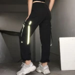 Street Wear Drawstring Palazo Pants Women With Buckle Up Reflective Stripe Tape