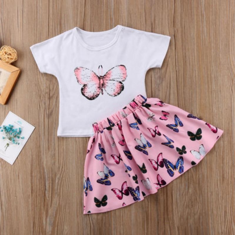 Summer 2PCS set Kids Baby Girls Toddler Butterfly Printed T-shirt and Skirt Dress Set Outfits Clothes