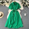 Summer New Lapel Puff Sleeve Mid-Length Shirt Dress With Hollow Embroidery French Retro Party Beach Skirt