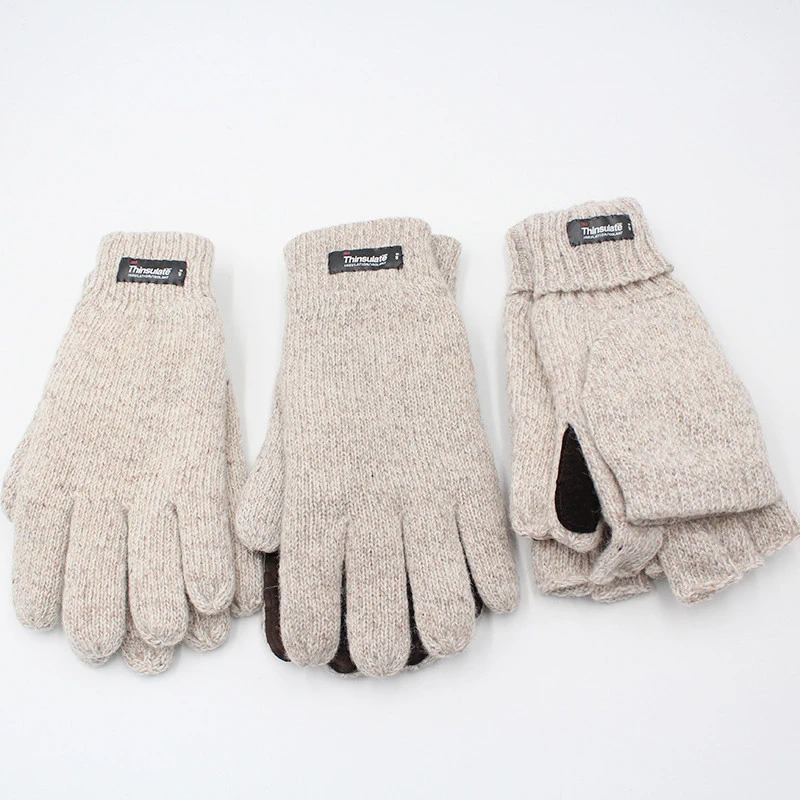 Thinsulate Lined shell Ragg Mittens Wool yarn fingerless Work Gloves with pig split patch on the palm side men gloves