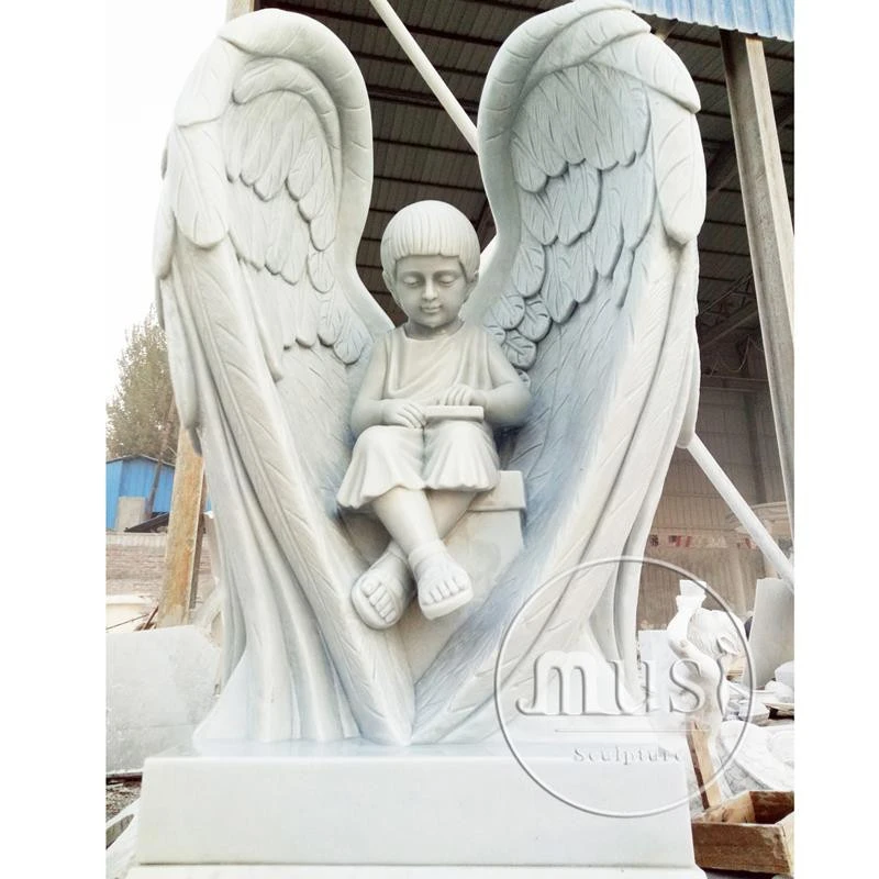 White Stone Carving Life Size Nude Couple Angel Statue