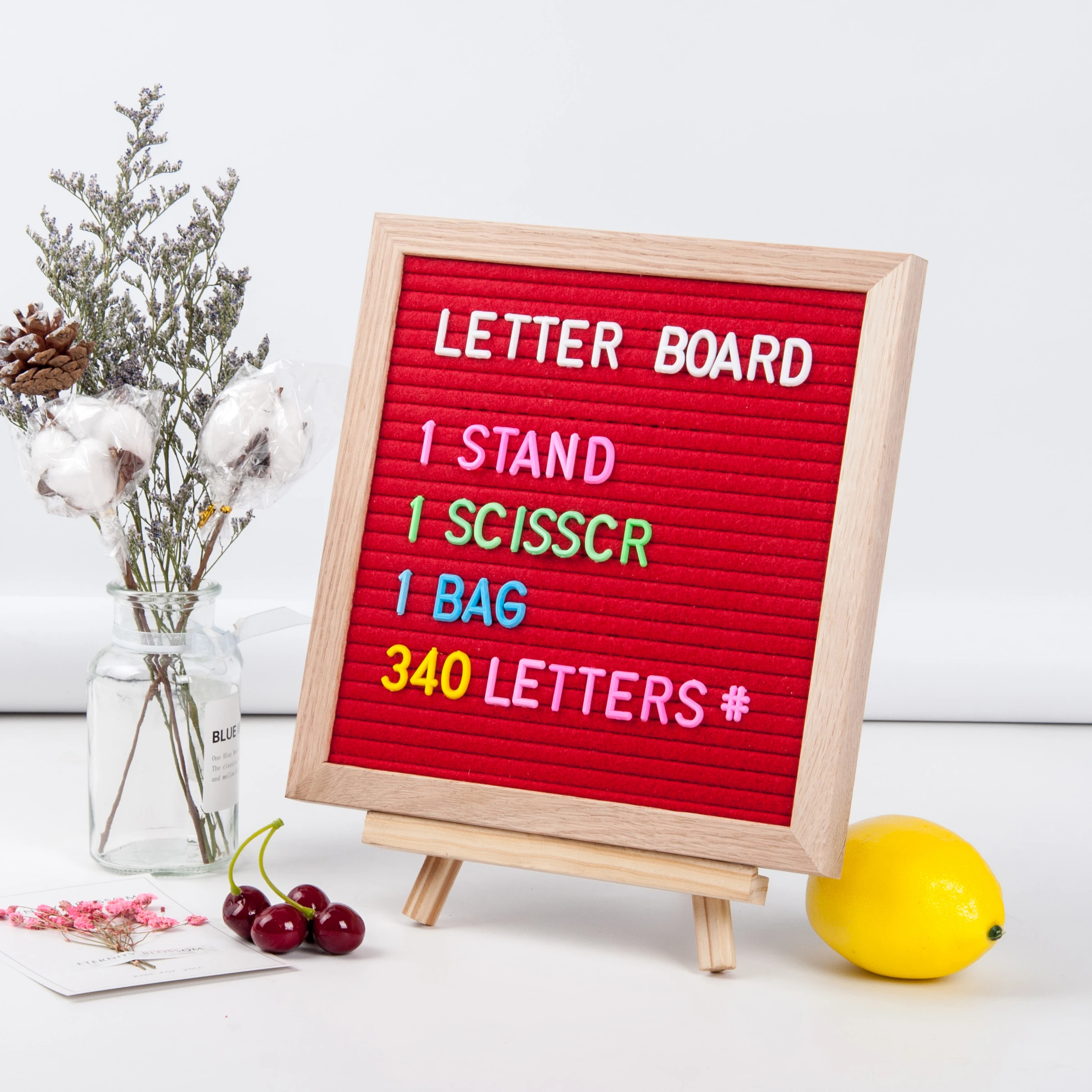 wholesale mini size 10x10 inches oak frame changeable Black Felt Letter Board with 340 pcs plastic Letters characters & stand