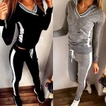 Women 2Pcs Tracksuit Jogging V Neck Hoodies Sweatshirt Pants Set Sport Wear Suit Running Jogging Wear
