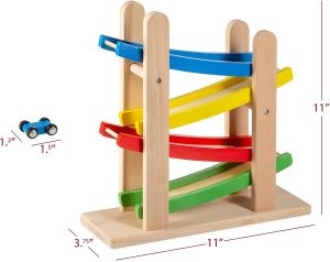 Wooden 4-Channel ramp Race Track Tower Games with 4 Sports car Toy Set for Children and Toddlers