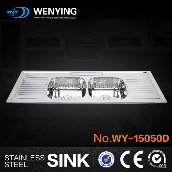 WY-15050D Practical double bowl long one-piece finished built-in drainboard kitchen sink from Foshan factory