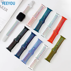 YEEYOU Rainbow Breathable Holes Silicone Replacement Sport Soft Strap for Apple Watch Band 38/40/41 42/44/45mm For iWatch Series