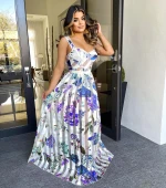 032201 Wholesale Summer New Chest Wrap Spaghetti-Strap Floral Print See-Through Wide Hem Long Dress