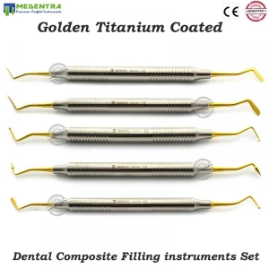 Dental Composite Filling Placing Instruments Set Of 5 Pcs Titanium Gold Plated Tips