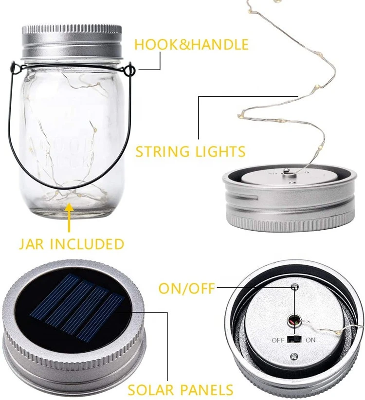 20 LED Hanging Solar Light Outdoors Solar Mason Jar Lid Fairy String Light for Christmas Patio Garden Yard and Lawn