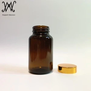200ml wide mouth amber glass liquid pharmaceutical bottle with gold metal lid