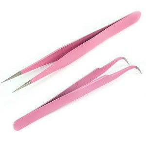 2020 Hot Sale New Stainless Steel Pink Straight + Bend Tweezer For Eyelash Extensions Nail Art Nippers
