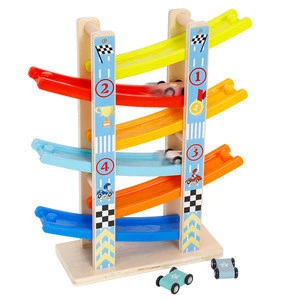 2020 HOT SELLING Educational Wooden toy  Six-track Four slide trucks  track toy Sliding Tower Toy