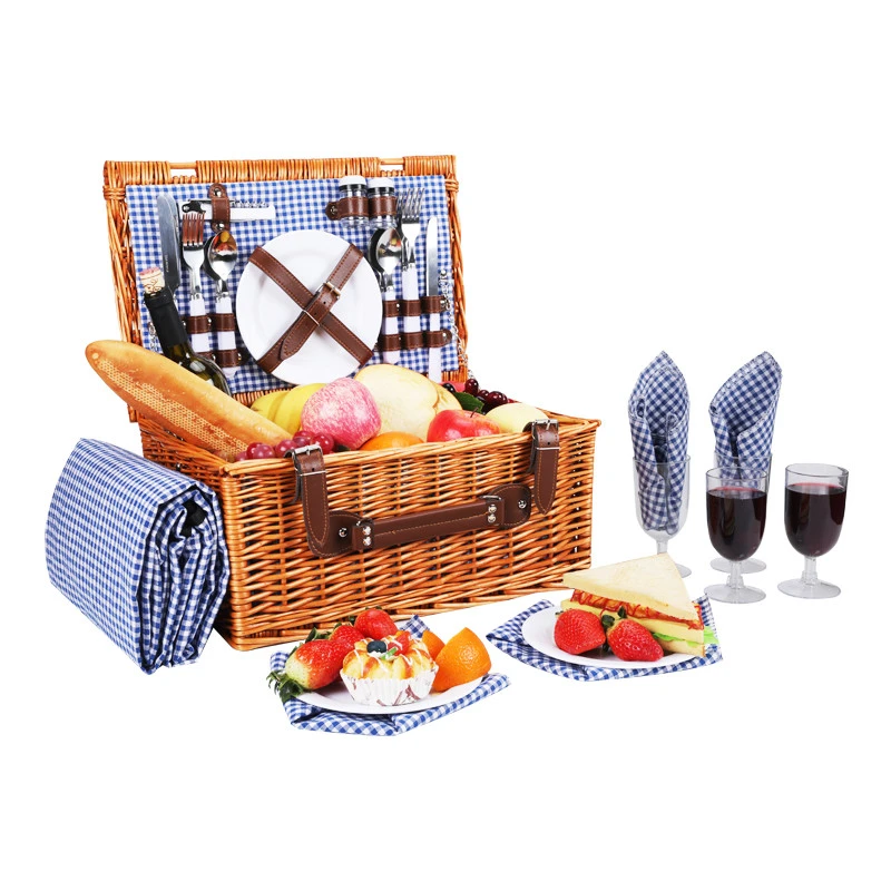 2020 New Design Portable cheap kid rattan food gift storage Wicker Spring wholesale willow Picnic hamper Basket set For 4 People