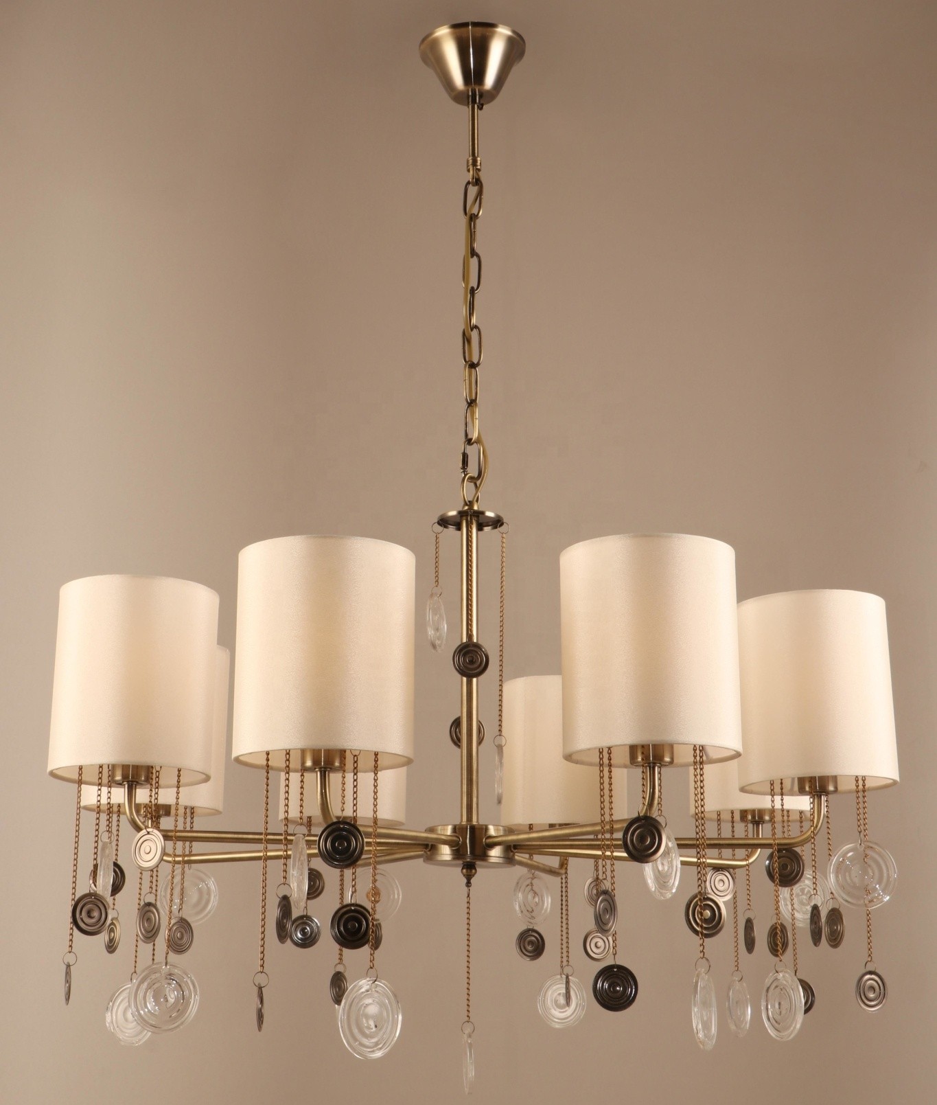 2021 new cylinder white fabric shades 8 lights antique brass indoor living room luxury saudi pendant light chandelier