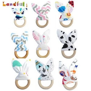 2.68inch Teether Baby Rattle Teething Toy Bunny Ear Wooden teether with Crinkle Material to chew handmade Teether Toys for baby