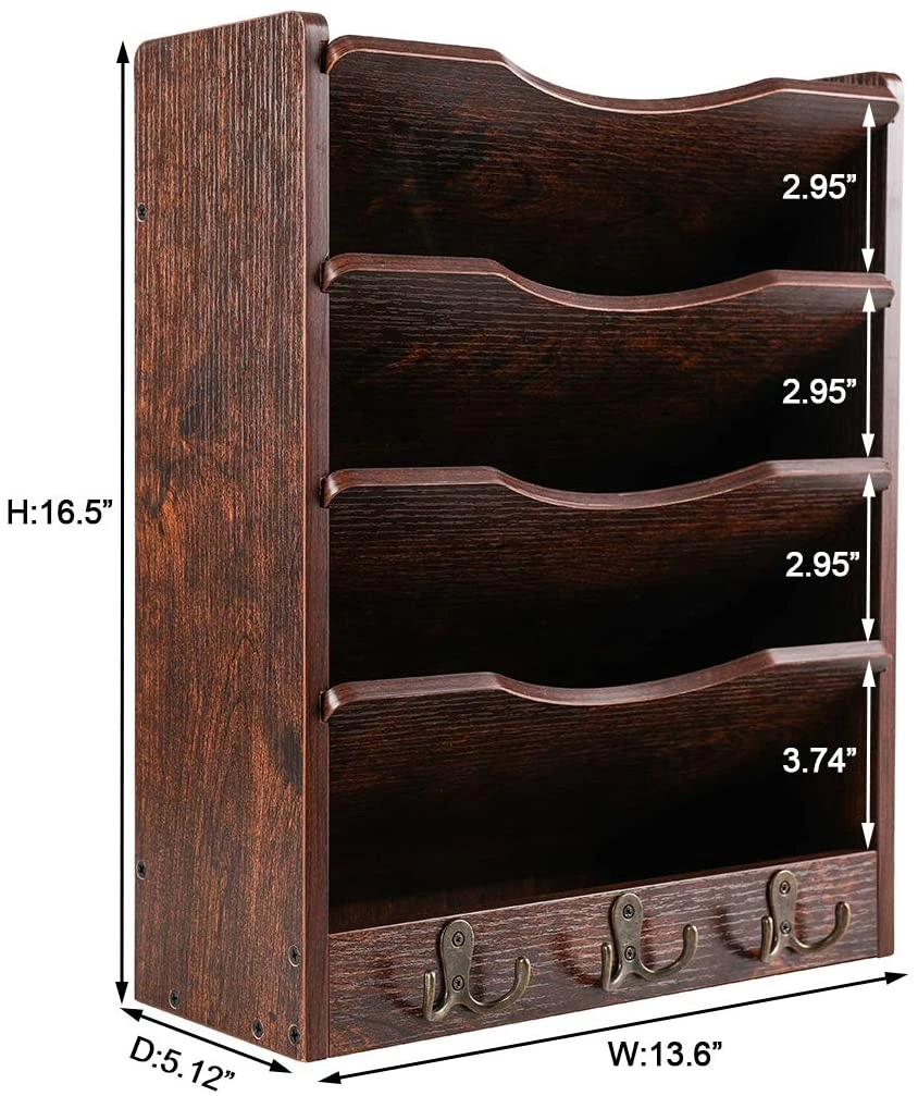 5-Tier Wall File Holder Hanging Mail Organizer Wood Magazine Literature Rack with 6 Hooks Brown