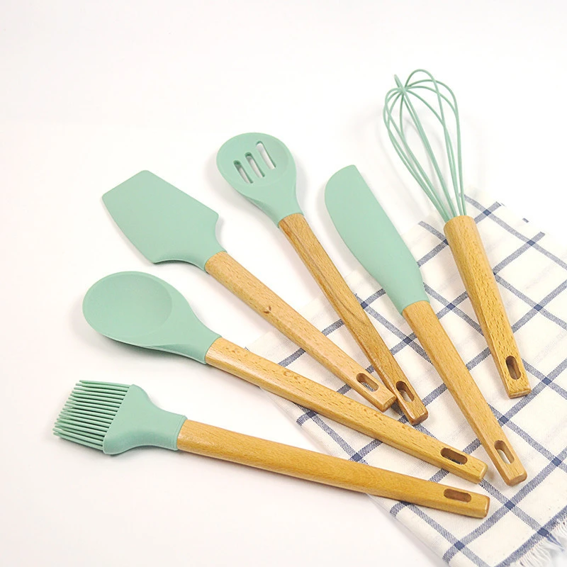 6pcs Mint Color Wooden Handles Silicone Baking Spatula Tools Set