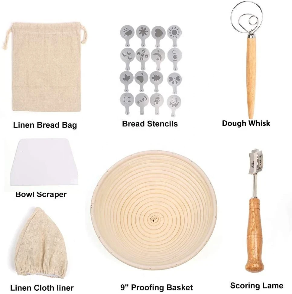 9 Inch Bread Proofing Basket Proofing Basket,Cloth Liner,Bread Bag,Scoring Lame,Whisk,Scraper,Stencils
