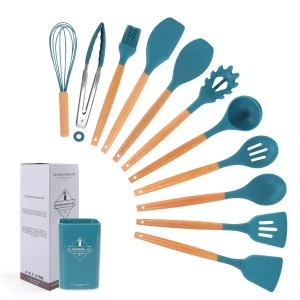 Amazon non-stick cooking utensils 11 pieces beech wood cooking tools set silicone Kitchen Tools Kitchen Accessories