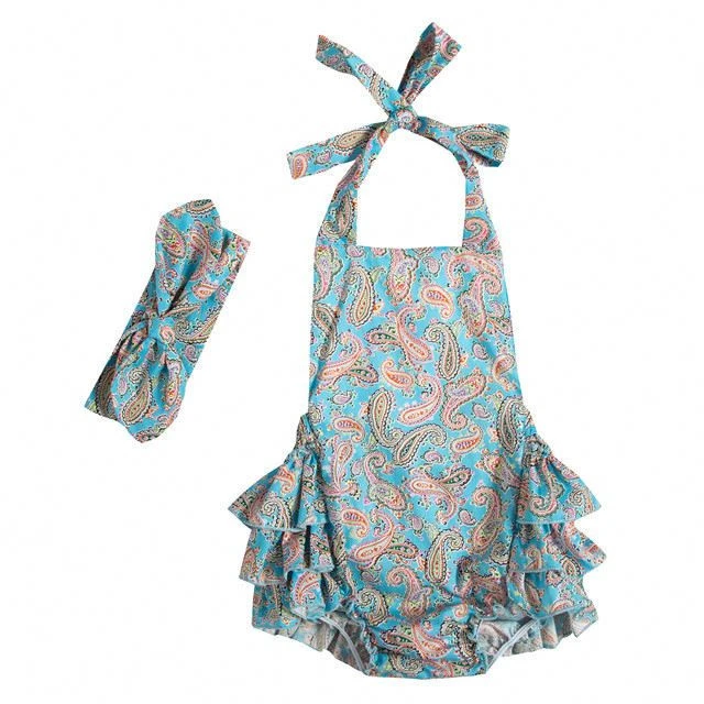 Baby Infant Girls Ethnic Style Backless Halter  Kids Baby Clothing With Floral Headband