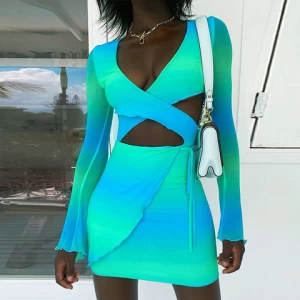 Blue Green Printing Lining Stretchy Mesh Crisscross Ruffle Long Sleeve Vestidos Mini Party Dress