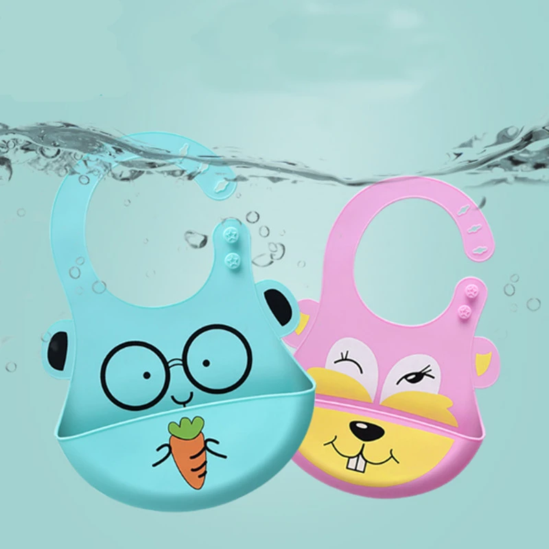 BPA Waterproof Silicone Cartoon Animal Infant Baby Bibs With Catcher Reusable Portable Feeding Eating Food Grade