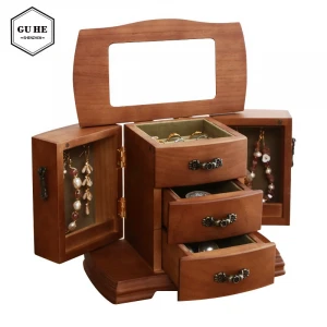 Brownish red box Double side door Storage Necklace Ring Bracelet Watch Collect exquisite ornaments Solid wood jewelry box