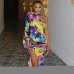ca0049b hot sale fall 2020 elegant  ladies dresses woman  printing split one shoulder long dress autumn evening dresses