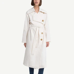 Casual Custom Long Coat Pockets Turn-Down Collar Belt Women Ivory Belted Trench Coats