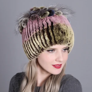 China Factory wholesale Rex Rabbit Fur Korean Winter Beanie Hat Ladies knittde Winter Hat