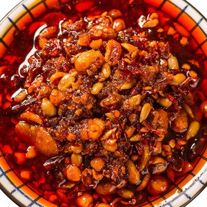 Chinese spicy chili oil  fried pepper sauce with beans peanuts