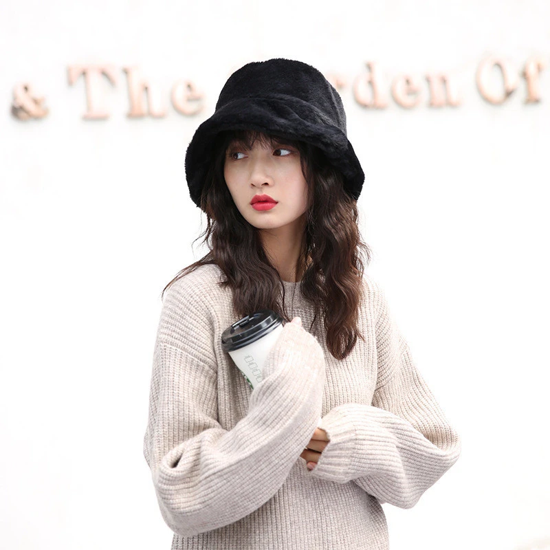 CLARMER Wholesale Custom Fashion New Winter Korean Hair Accessories Plain Color Warm Furry Plush Bucket Hat For Women