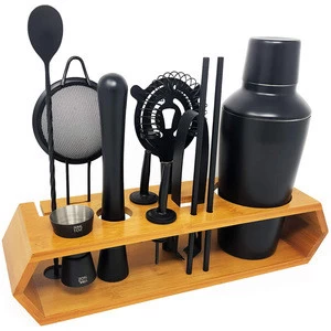 Cocktail Shaker Set &amp; Bartender Kit 12-Piece Premium Black Matte Bar Kit Set with Bamboo Stand