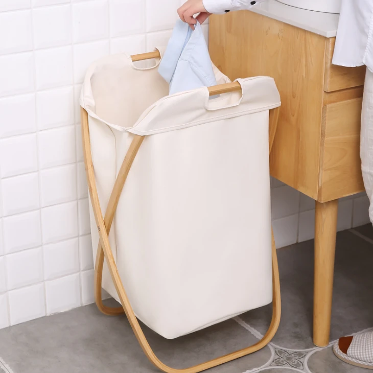 Collapsible hotel large folding natural bamboo bathroom hampers dirty cloth organizer laundry basket with handle fabric bag