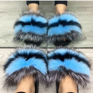 Custom logo indoor eva sole racoon furry fur slides sandal colorful 100% fluffy fox raccoon fur slippers  for women