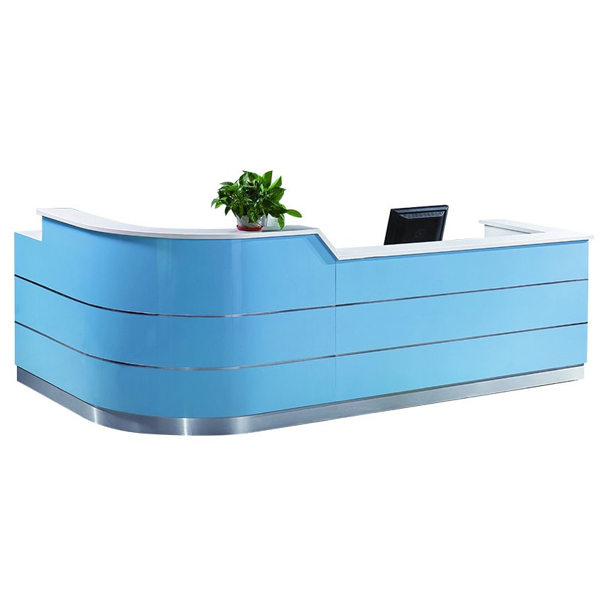 custom made fashion service center office curve counter wooden 2 meter blue front reception desk with panel
