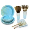 Disposable Gilding Tableware Degradable Cups Napkins Straw Blue Gold Paper Plates Party Supplies