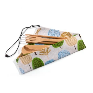 Eco Friendly Flatware Set Knife Fork Spoon Camping Bamboo Travel Cutlery Set With Pouch