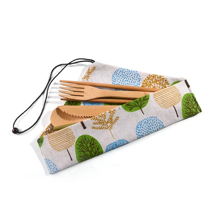 Eco Friendly Flatware Set Knife Fork Spoon Camping Bamboo Travel Cutlery Set With Pouch