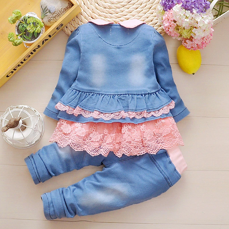 Elegant Baby Girls Clothing Sets ChildrenS Suit Floral Lace 3 Pieces Jeans Cotton 3 Years Newborn Baby Girls Clothes Set