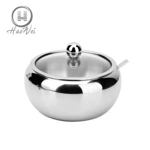 Factory wholesale 4 styles glass lid with spoon stainless steel sugar pot