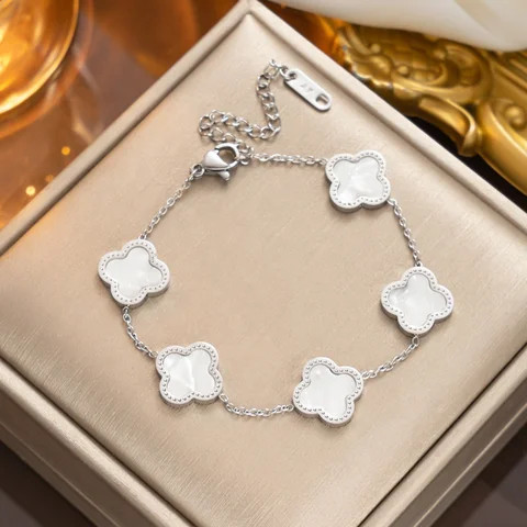 Famous Brand Luxury Designer Gold Silver Stainless Steel Single Side Four Leaf Clover Bracelet for Women