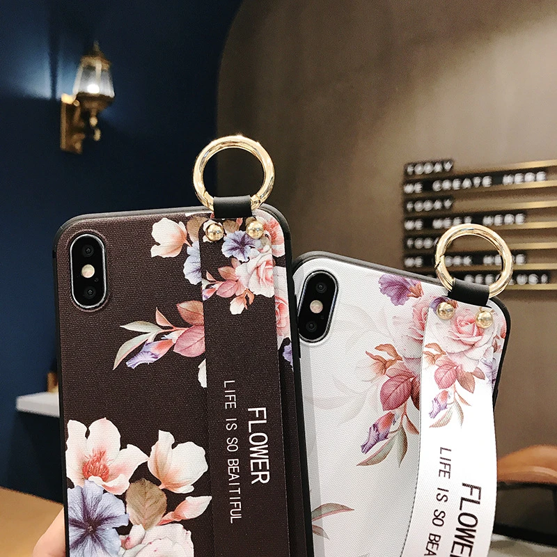 Flower Pattern Holder Cover With Lanyard Strap Phone Case For iPhone X XR XS Max 11 Pro Max