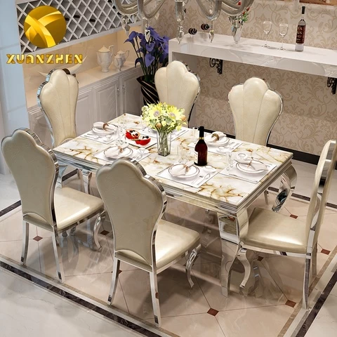 Foshan furniture factory glass table top dinning table set dining table with 6 chairs DT002