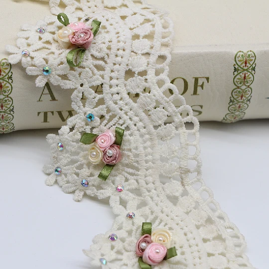 Handmade beading water-soluble three-dimensional flower lace barcode embroidery lace wedding dress trim