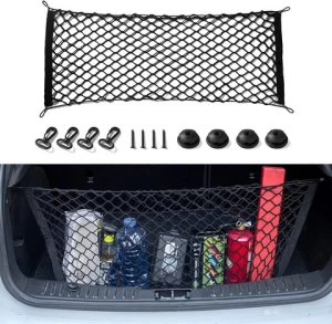 Heavy Duty Cargo Net Stretchable Car Interior Accessories Adjustable Elastic Trunk Storage Net with Hook for SUVs and Trucks