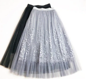 High Quality Elegant Tulle Long Pleated Skirt Women 2018 Summer floral Embroidery A-line tutu Lace mesh Skirt Women midi skirt