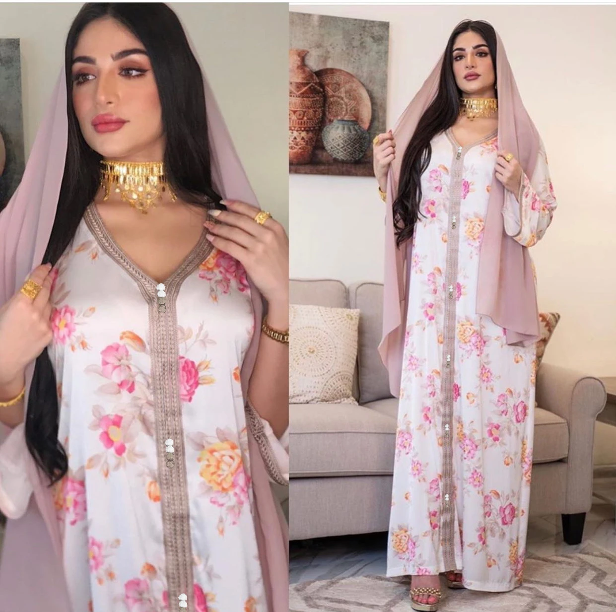 HJ ZMDR47 Women Floral Jalabiya Dubai Kaftan Islam Clothing Middle East Abaya Muslim Dresses